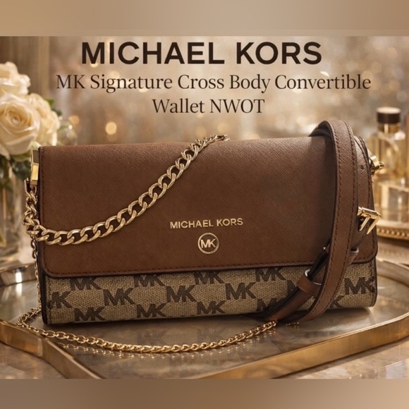 Michael Kors Handbags - Michael Kors Brown and Gold MK Signature Convertible Wallet Crossbody